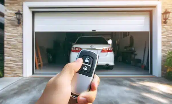 Hand holding garage door remote control in front of partially open garage door - a potential solution when your garage door won't close completely due to transmitter issues.